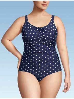 Lands End Women SlenderSuit Carmela Underwire Navy Polka Dot One Piece Swim 16 D